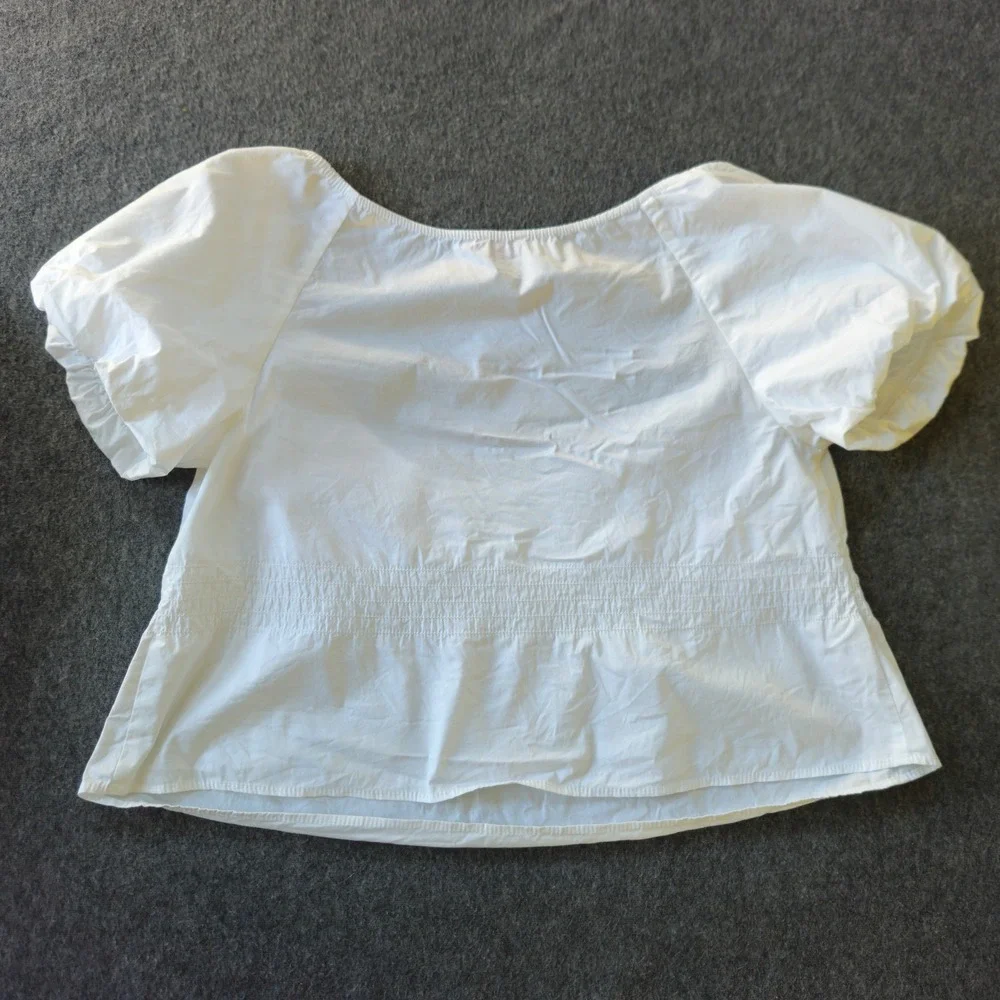 STAUD Puff Sleeve Top Sz M White Smock Waist Scoop Neck Poplin Boho Chic FLAWED